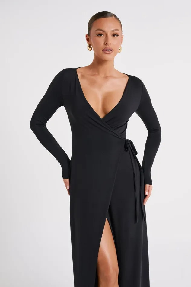 Meshki Maxi Dresses Gillian Recycled Nylon Wrap Maxi Dress 8211 Black Black 8211 Women