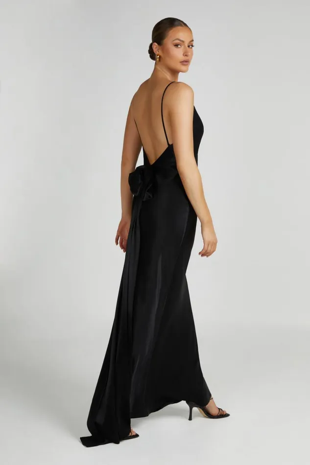 Meshki Maxi Dresses Kailey Low Back Maxi Dress With Detachable Bow Train 8211 Black Black 8211 Women