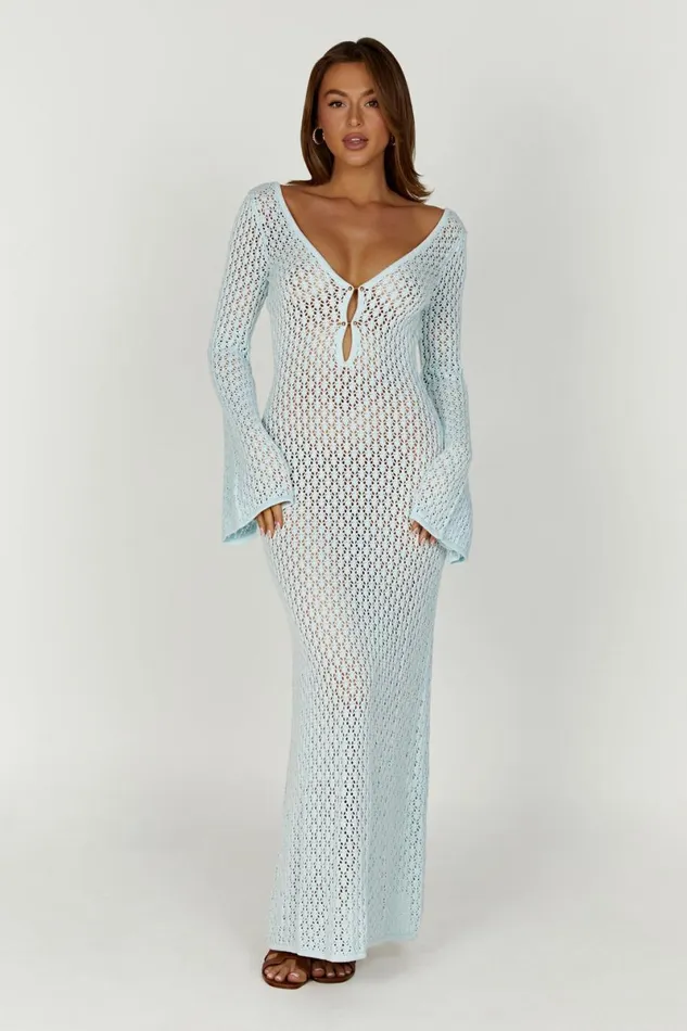 Meshki Maxi Dresses Kayleigh Crochet Fishtail Flare Sleeve Maxi Dress 8211 Arctic Blue Arcticblue 8211 Women