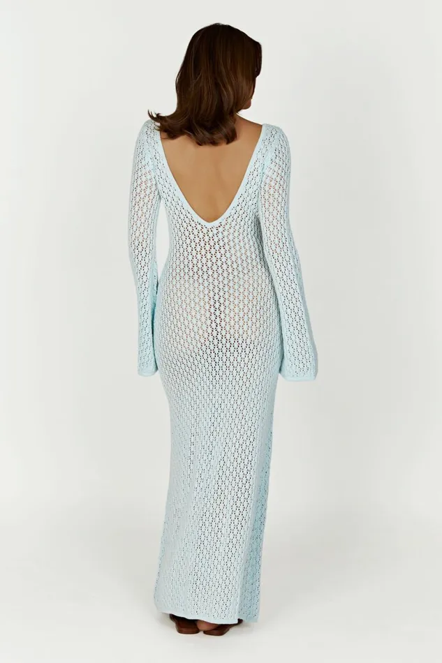Meshki Maxi Dresses Kayleigh Crochet Fishtail Flare Sleeve Maxi Dress 8211 Arctic Blue Arcticblue 8211 Women