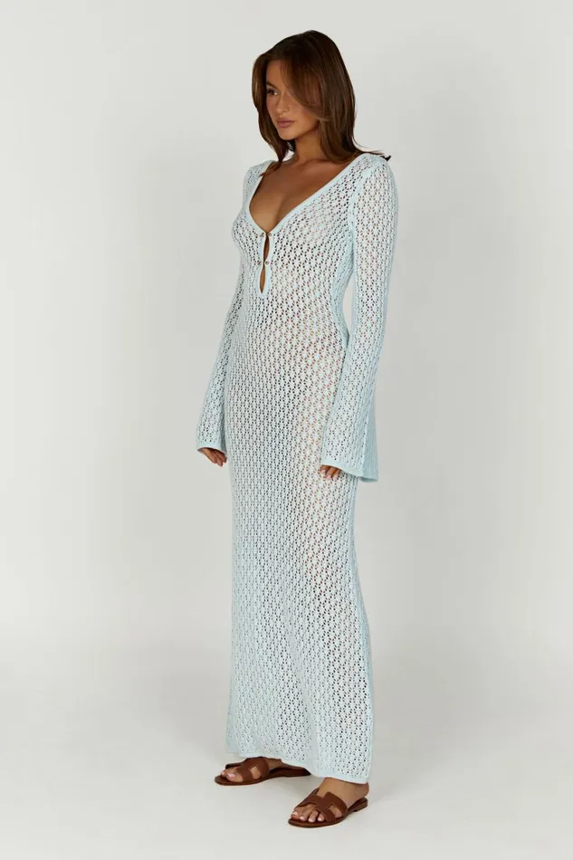 Meshki Maxi Dresses Kayleigh Crochet Fishtail Flare Sleeve Maxi Dress 8211 Arctic Blue Arcticblue 8211 Women