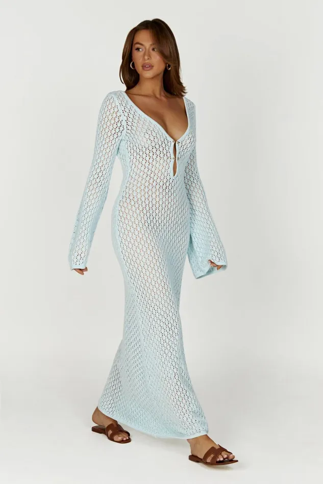 Meshki Maxi Dresses Kayleigh Crochet Fishtail Flare Sleeve Maxi Dress 8211 Arctic Blue Arcticblue 8211 Women