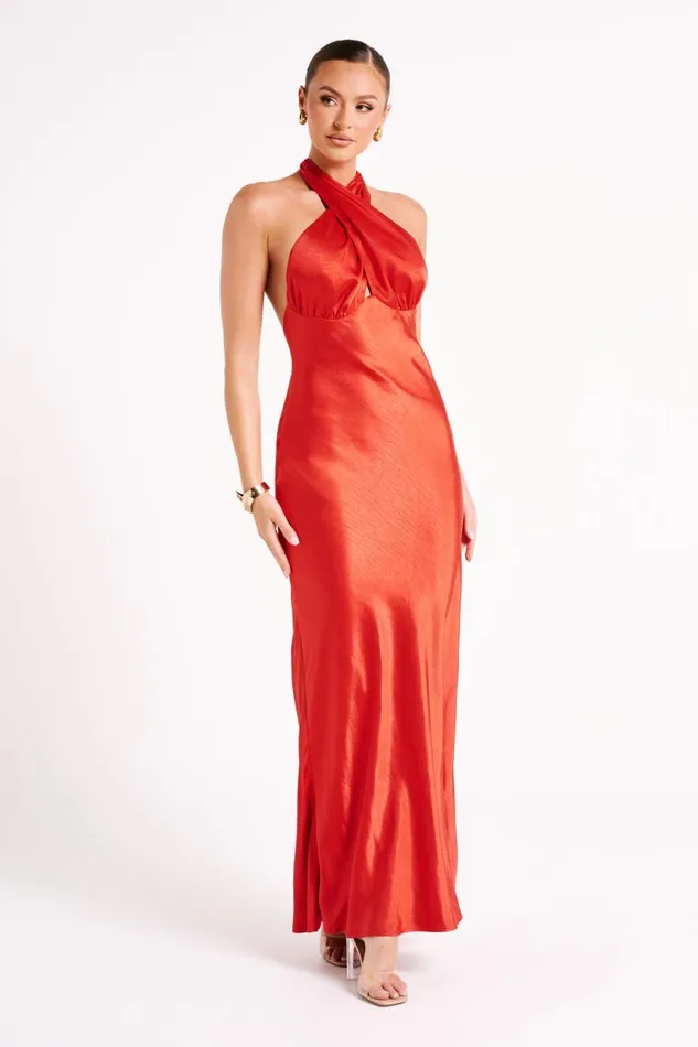 Meshki Maxi Dresses Marvelle Satin Halter Maxi Dress 8211 Vermilion Red Vermilionred 8211 Women