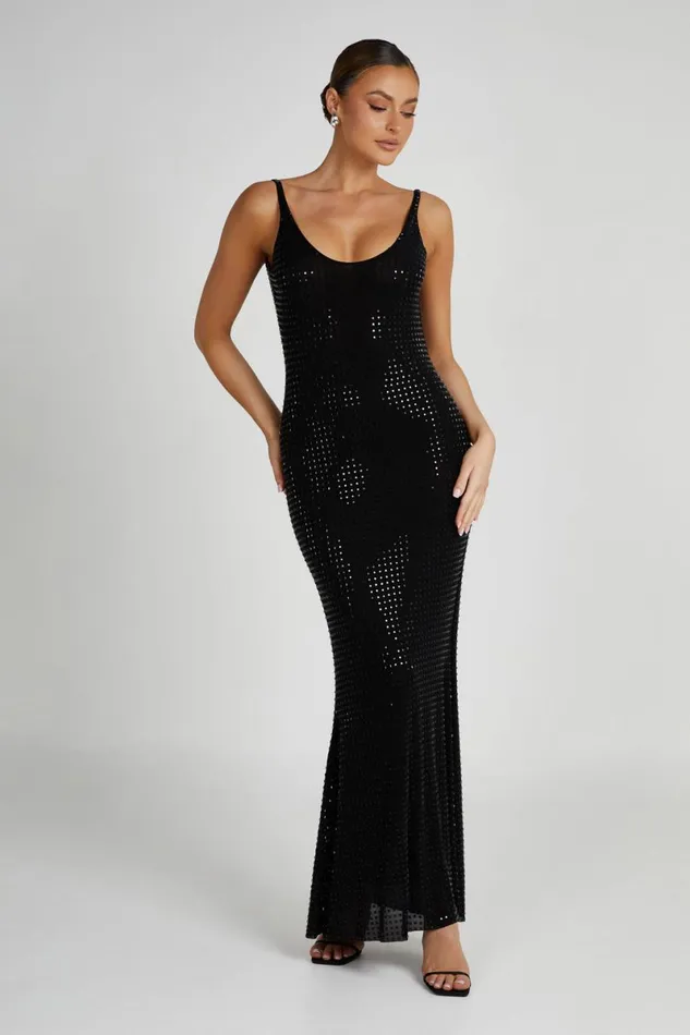 Meshki Maxi Dresses Pam Square Diamante Maxi Dress 8211 Black Black 8211 Women