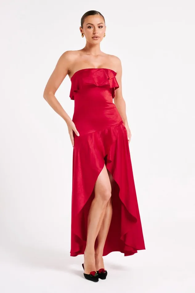 Meshki Midi Dresses Sulianna Strapless Ruffle Midi Dress 8211 Vermilion Red Vermilionred 8211 Women