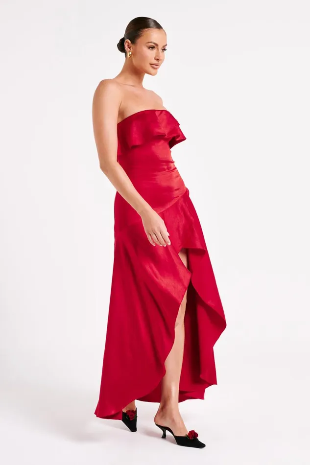 Meshki Midi Dresses Sulianna Strapless Ruffle Midi Dress 8211 Vermilion Red Vermilionred 8211 Women