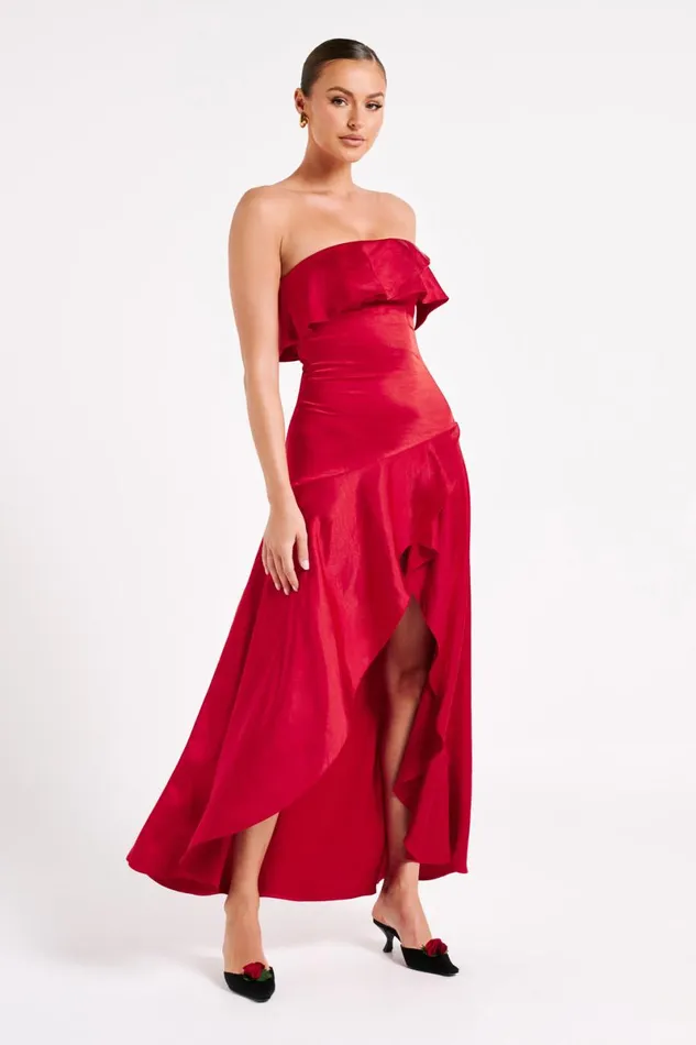 Meshki Midi Dresses Sulianna Strapless Ruffle Midi Dress 8211 Vermilion Red Vermilionred 8211 Women