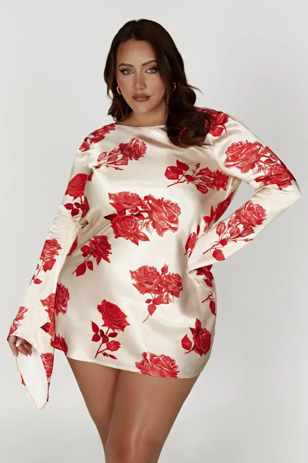 Meshki Mini Dresses Davina Satin Long Sleeve Mini Dress 8211 Rose Print Roseprint 8211 Women