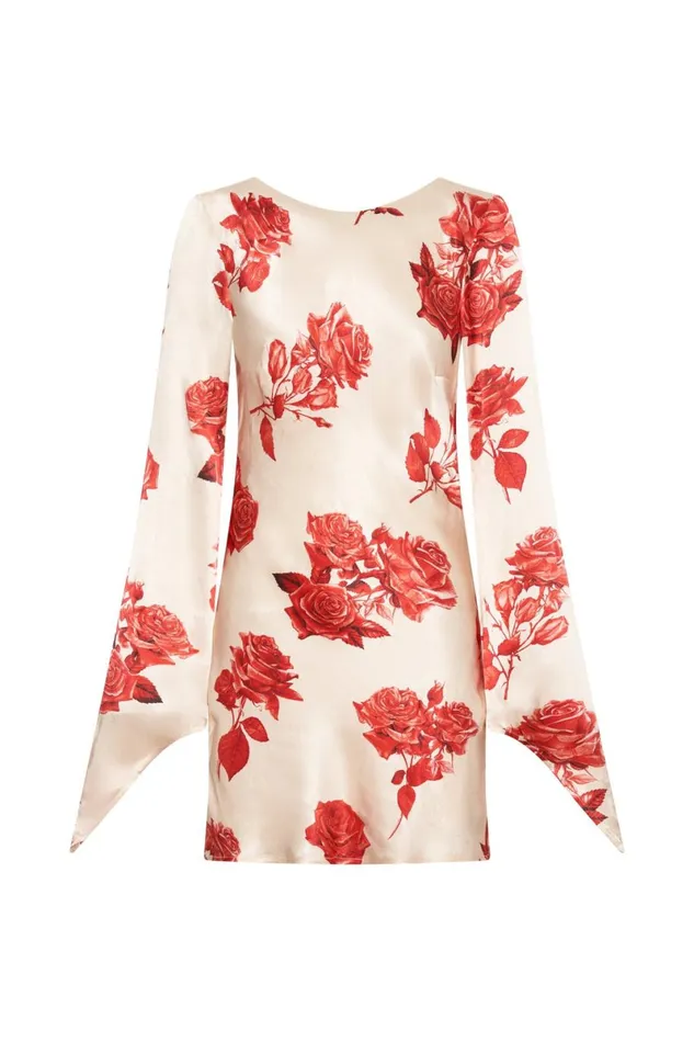 Meshki Mini Dresses Davina Satin Long Sleeve Mini Dress 8211 Rose Print Roseprint 8211 Women