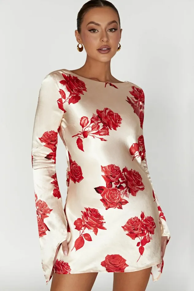 Meshki Mini Dresses Davina Satin Long Sleeve Mini Dress 8211 Rose Print Roseprint 8211 Women