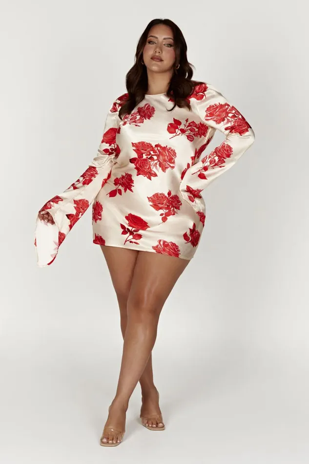 Meshki Mini Dresses Davina Satin Long Sleeve Mini Dress 8211 Rose Print Roseprint 8211 Women