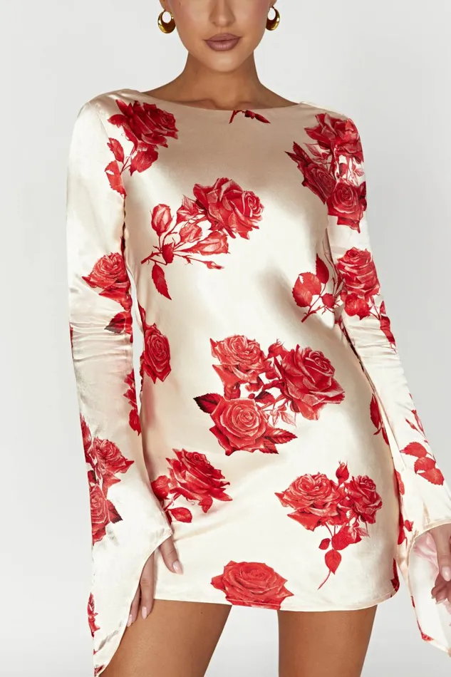 Meshki Mini Dresses Davina Satin Long Sleeve Mini Dress 8211 Rose Print Roseprint 8211 Women