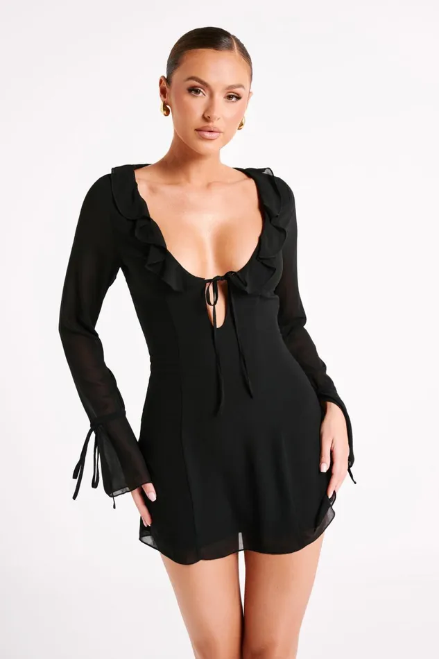 Meshki Mini Dresses Deja Long Sleeve Chiffon Mini Dress 8211 Black Black 8211 Women