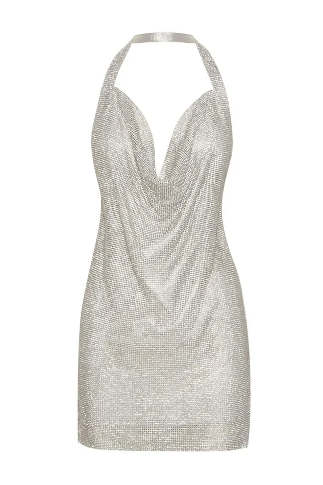 Meshki Mini Dresses Meilani Low Back Diamante Mesh Mini Dress 8211 Silver Silver 8211 Women