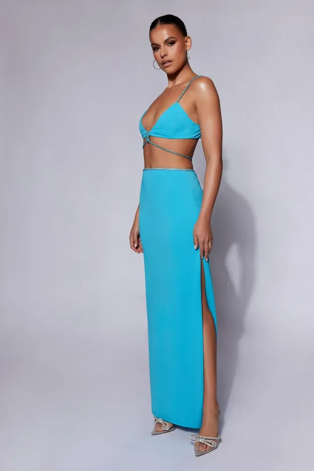 Meshki Skirts Sweeney Diamante Maxi Skirt With Split 8211 Cyan Blue Cyanblue 8211 Women