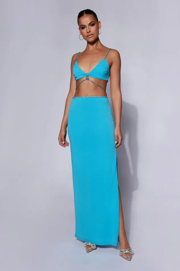 Meshki Skirts Sweeney Diamante Maxi Skirt With Split 8211 Cyan Blue Cyanblue 8211 Women Meshki Skirts Sweeney Diamante Maxi Skirt With Split 8211 Cyan Blue Cyanblue 8211 Women
