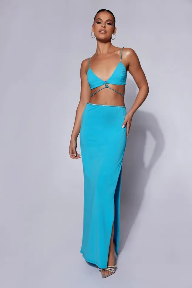 Meshki Skirts Sweeney Diamante Maxi Skirt With Split 8211 Cyan Blue Cyanblue 8211 Women Meshki Skirts Sweeney Diamante Maxi Skirt With Split 8211 Cyan Blue Cyanblue 8211 Women
