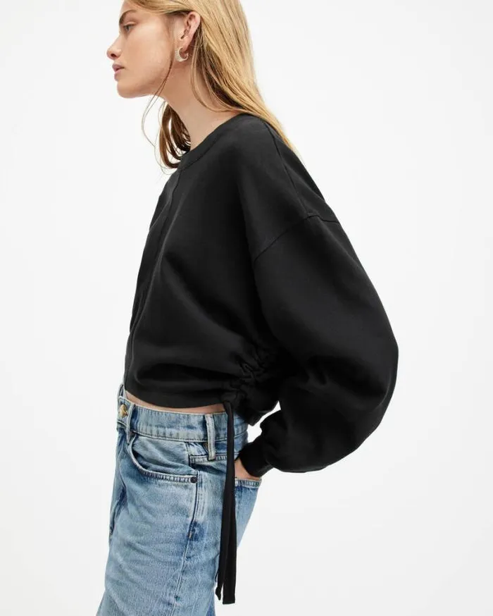 Mira Drawcord Relaxed Fit Sweatshirt Black Women AllSaints Sweatshirts and Hoodies