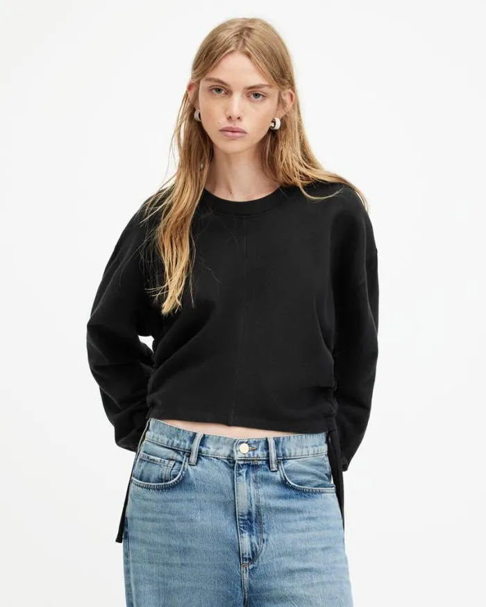 Mira Drawcord Relaxed Fit Sweatshirt Black Women AllSaints Sweatshirts and Hoodies