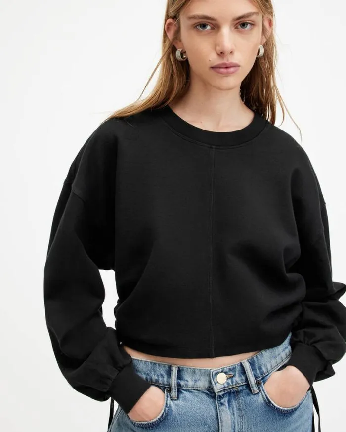 Mira Drawcord Relaxed Fit Sweatshirt Black Women AllSaints Sweatshirts and Hoodies