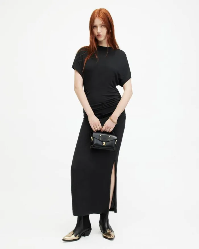 Natalie Slim Fit Gathered Midi Dress Black Women AllSaints Dresses