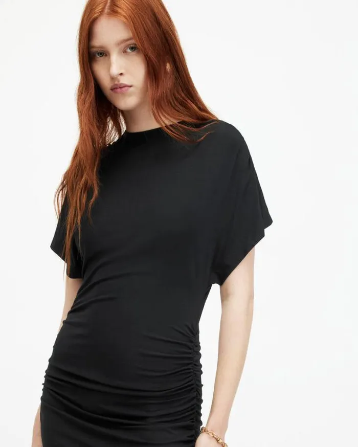 Natalie Slim Fit Gathered Midi Dress Black Women AllSaints Dresses