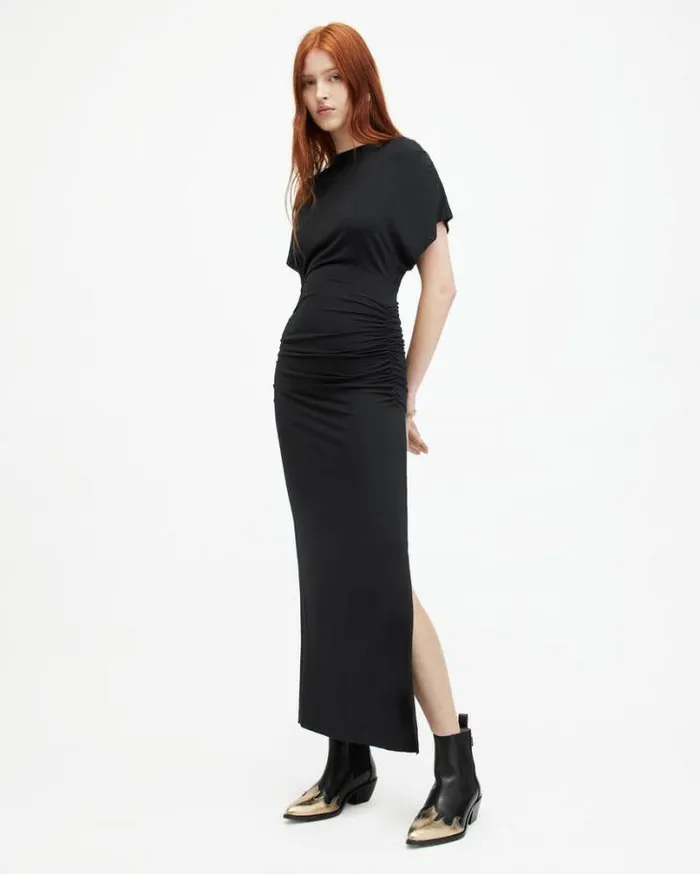 Natalie Slim Fit Gathered Midi Dress Black Women AllSaints Dresses