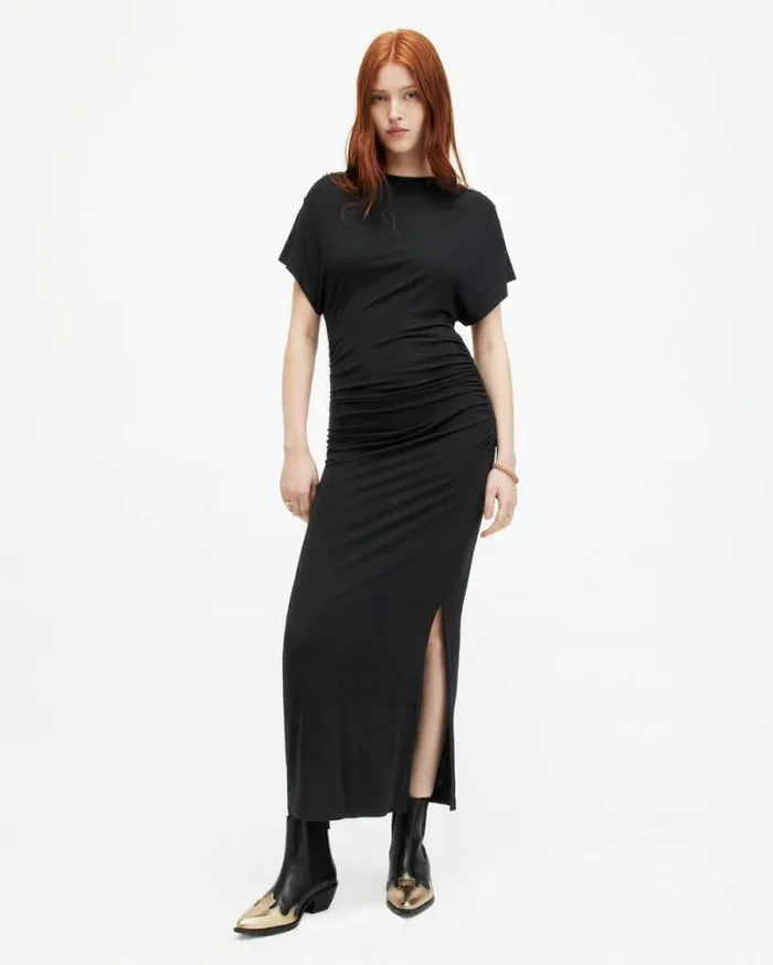 Natalie Slim Fit Gathered Midi Dress Black Women AllSaints Dresses