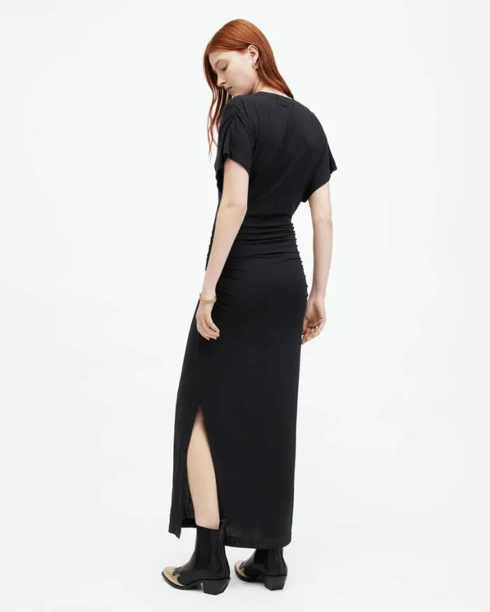 Natalie Slim Fit Gathered Midi Dress Black Women AllSaints Dresses