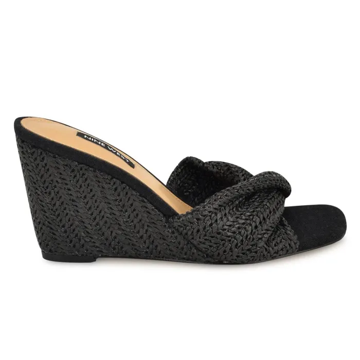 Nikhil Twist Wedge Sandals Black Raffia Women Nine West Mid Heels