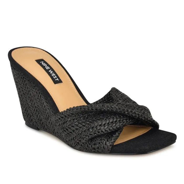 Nikhil Twist Wedge Sandals Black Raffia Women Nine West Mid Heels Nikhil Twist Wedge Sandals Black Raffia Women Nine West Mid Heels