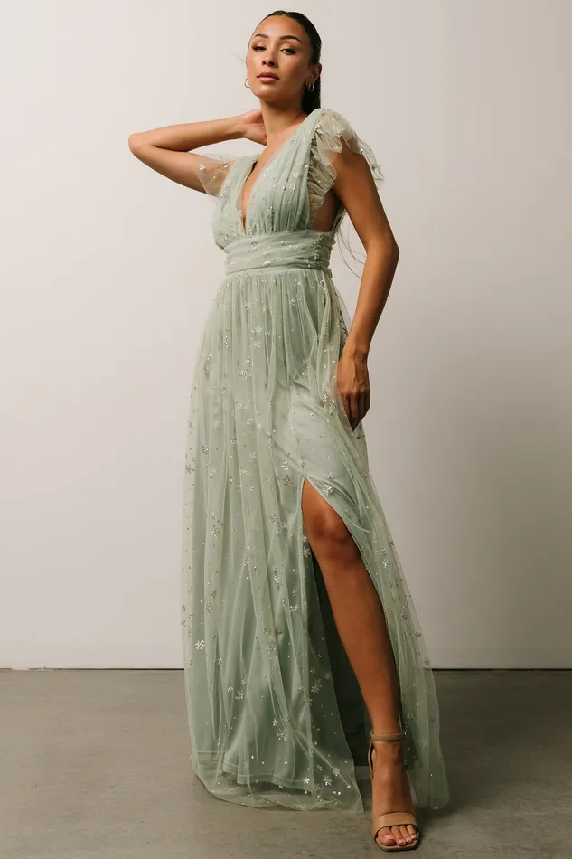 Nova Shimmer Maxi Dress Sage Silver Women Baltic Born Embellished Sequin