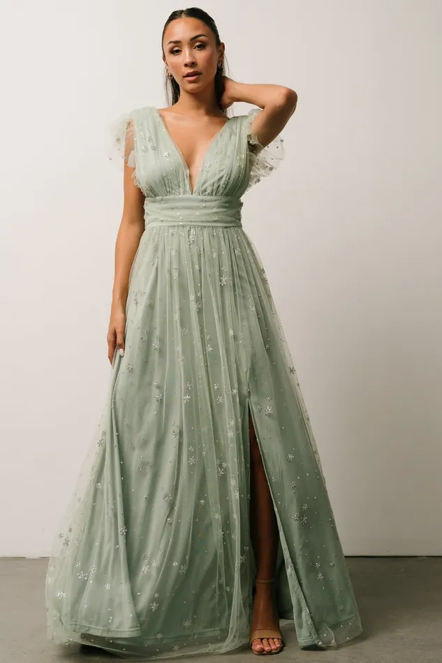 Nova Shimmer Maxi Dress Sage Silver Women Baltic Born Embellished Sequin
