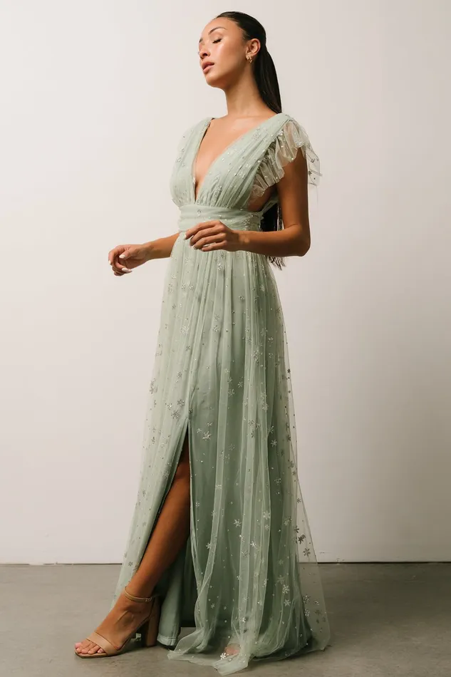 Nova Shimmer Maxi Dress Sage Silver Women Baltic Born Embellished Sequin
