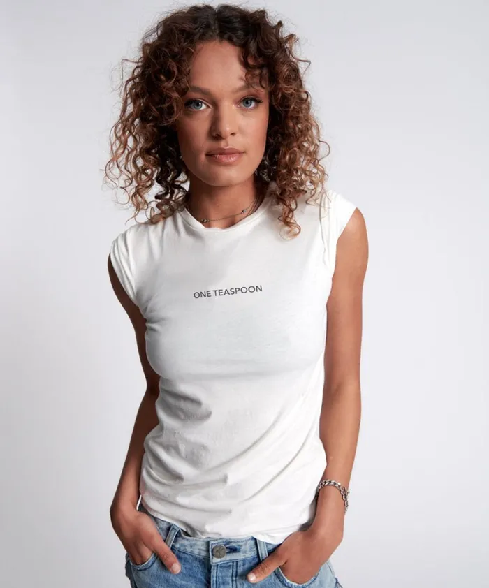One Teaspoon Tees and Tanks ONE TEASPOON ORGANIC FITTED LOGO TEE WHITE 8211 Women
