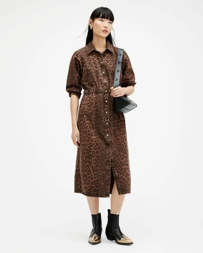 Osa Leopard Print Denim Dress Animal Brown Women AllSaints Dresses