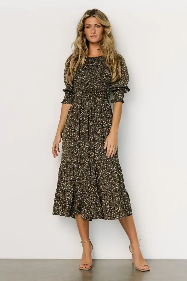 Pele Tiered Midi Dress Black Floral Women Baltic Born Bump Friendly