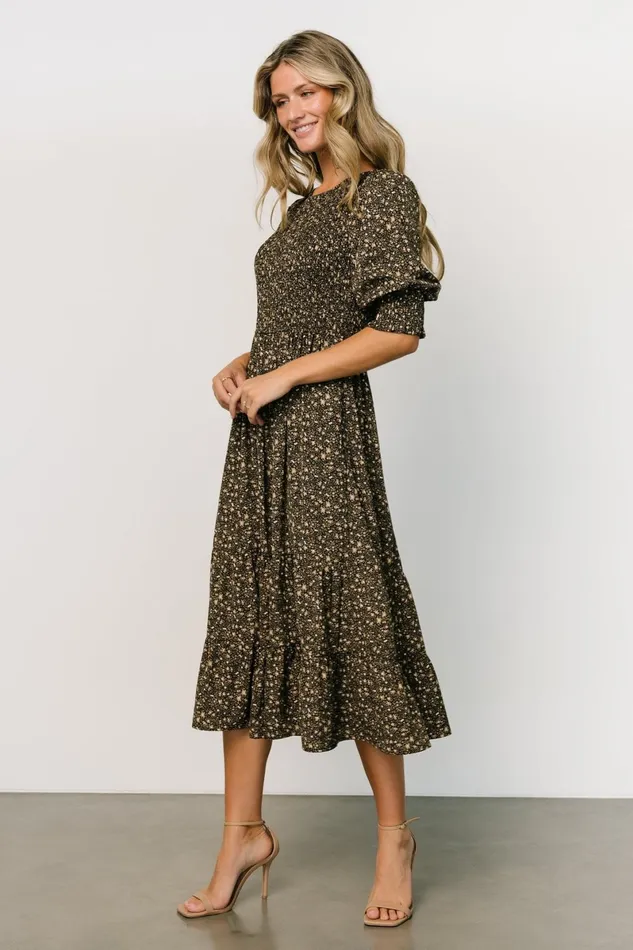 Pele Tiered Midi Dress Black Floral Women Baltic Born Bump Friendly Pele Tiered Midi Dress Black Floral Women Baltic Born Bump Friendly