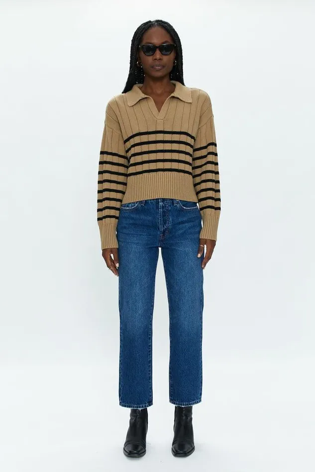 Pistola Denim Sweaters and Knits Women Arlo Polo Sweater 8211 Tan Noir Stripe Tan Noir Stripe