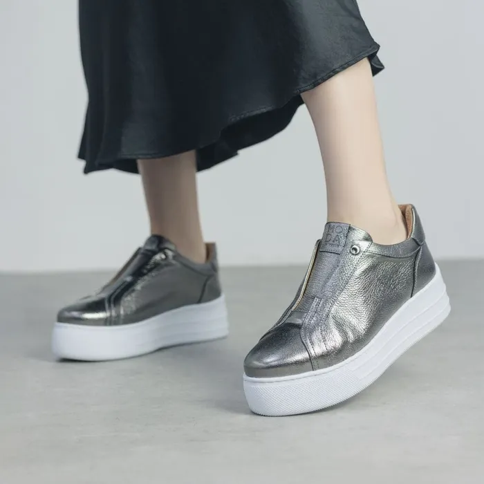 Platform Trainers Women Moda In Pelle Aneeba Pewter Metallic Leather