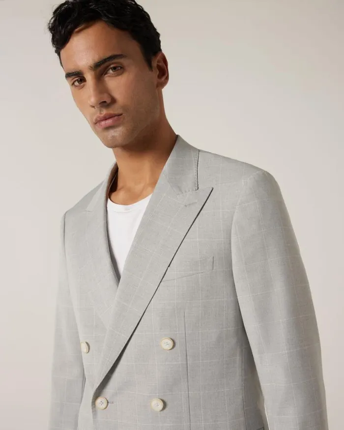 Politix Blazers Men Slim Stretch Windowpane Check Double Breasted Tailored Jacket Grey Check