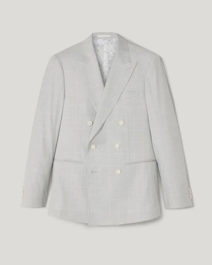 Politix Blazers Men Slim Stretch Windowpane Check Double Breasted Tailored Jacket Grey Check