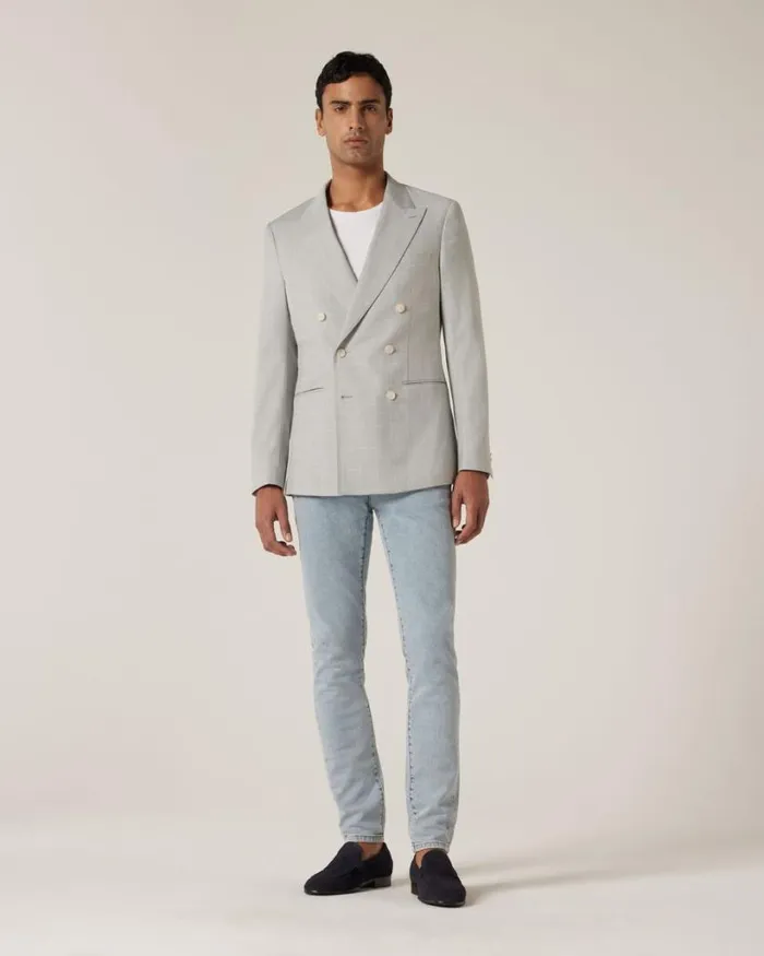 Politix Blazers Men Slim Stretch Windowpane Check Double Breasted Tailored Jacket Grey Check