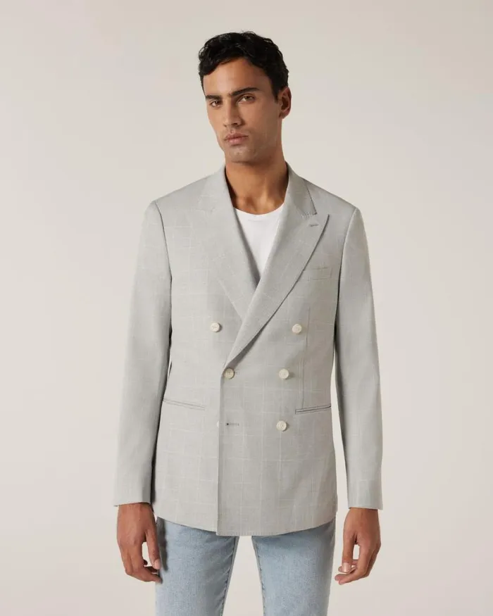Politix Blazers Men Slim Stretch Windowpane Check Double Breasted Tailored Jacket Grey Check