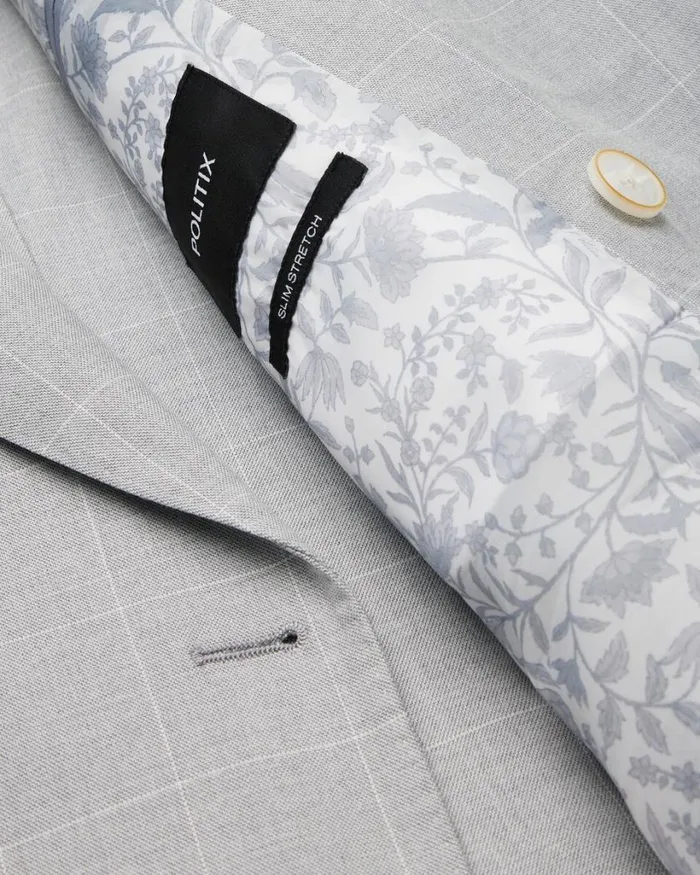 Politix Blazers Men Slim Stretch Windowpane Check Double Breasted Tailored Jacket Grey Check