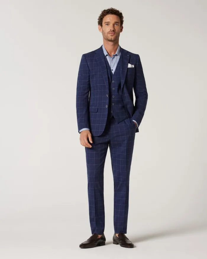 Politix Blazers Men Slim Stretch Windowpane Check Tailored Jacket Navy Windowpane