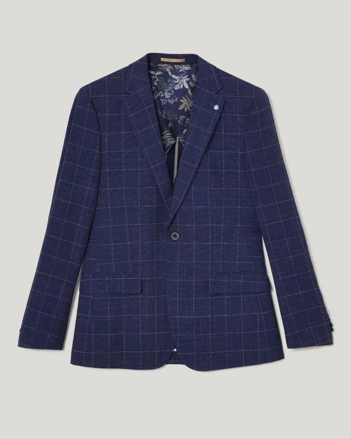 Politix Blazers Men Slim Stretch Windowpane Check Tailored Jacket Navy Windowpane