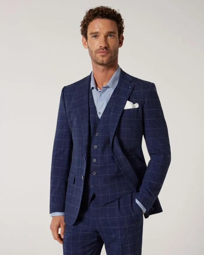 Politix Blazers Men Slim Stretch Windowpane Check Tailored Jacket Navy Windowpane