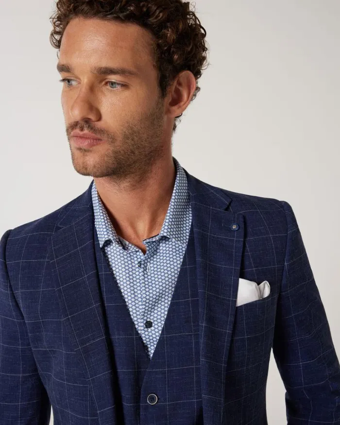 Politix Blazers Men Slim Stretch Windowpane Check Tailored Jacket Navy Windowpane