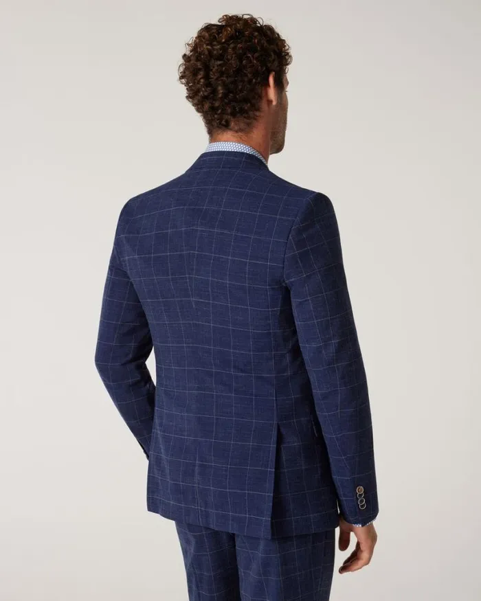 Politix Blazers Men Slim Stretch Windowpane Check Tailored Jacket Navy Windowpane